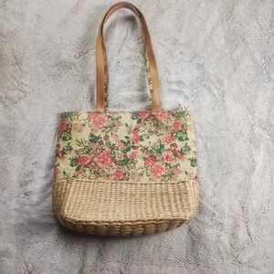 Cappelli Straworld Floral Straw Tote Bag Tan Pink Cottagecore Grandma Vintage